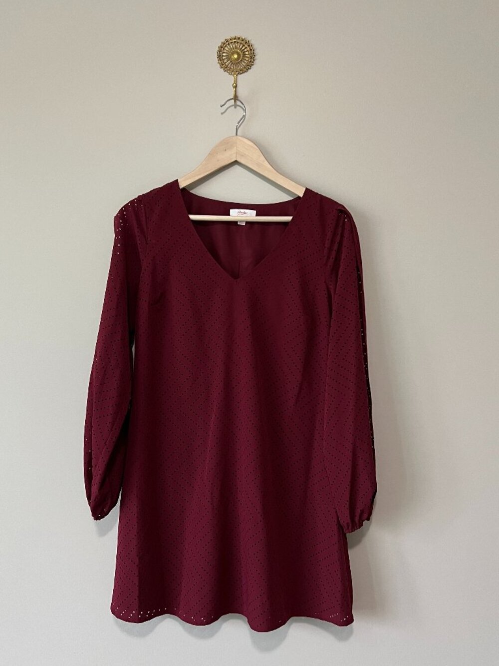Circo Burgundy Laser Cut Shift Dress Long Sleeve Boho Mini Small